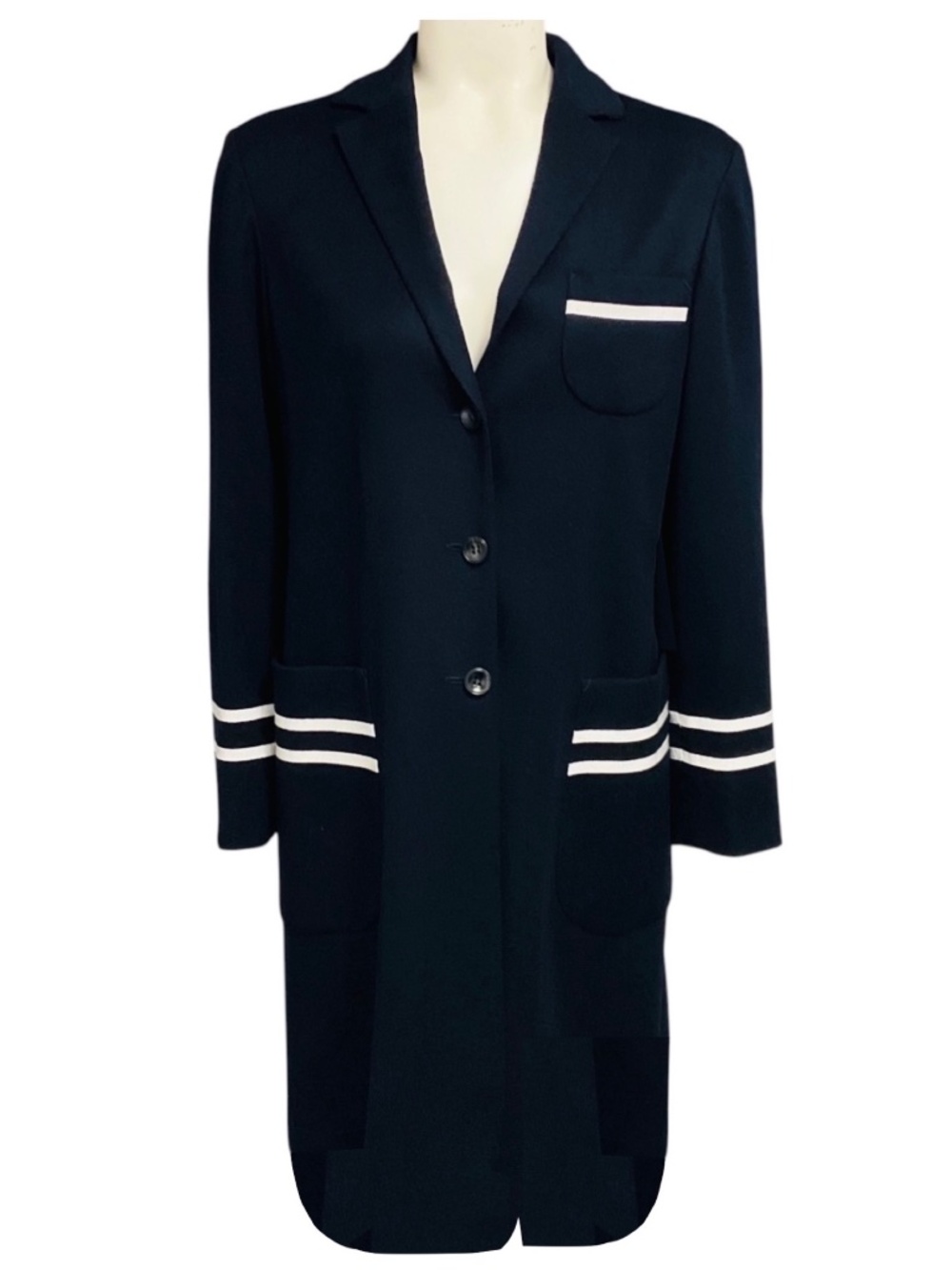 KITON NAVY BLUE / WHITE GROSGRAIN STRIPE TRIMMED MID LENGTH CASHMERE COAT